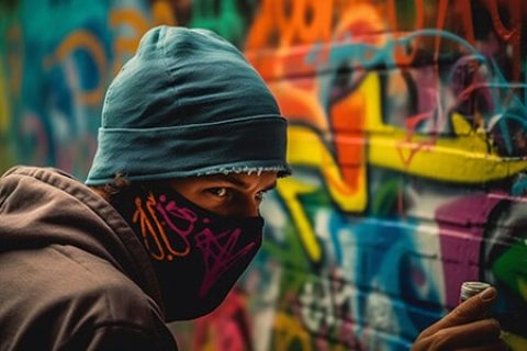 Hooded young adult vandalizes city wall at night generated by artificial intelligence