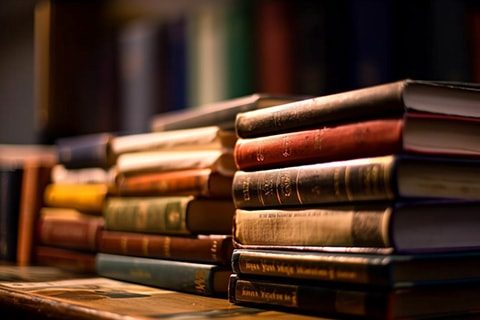 Row of old textbooks fills antique bookshelf generated by artificial intelligence