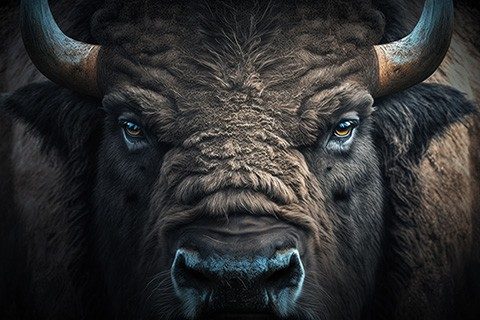 Horned water buffalo close up focused on foreground generated by artificial intelligence