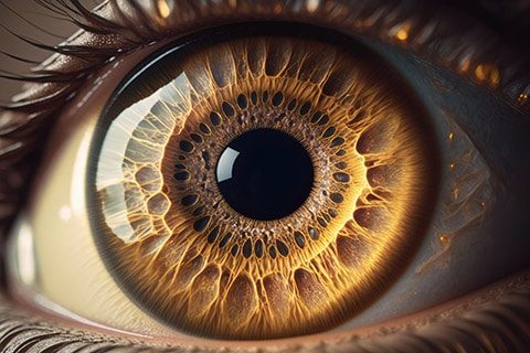 A brown eye with a lot of structure is shown up close. A gorgeous brown eye is shown up close