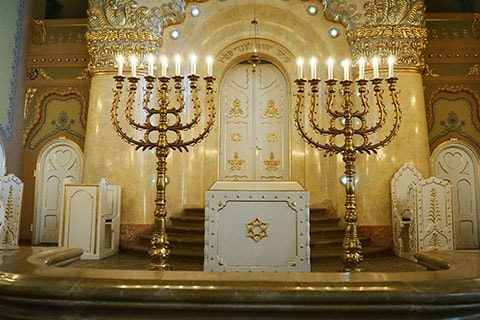 Subotica, Serbia, September 12, 2021 Bima, an elevation in the center of the synagogue, where there is a special table for public reading of the Torah scroll and the book of the Haftorian prophets