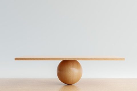 Empty balance scale on wooden table background. Object and metaphor concept. 3D illustration rendering